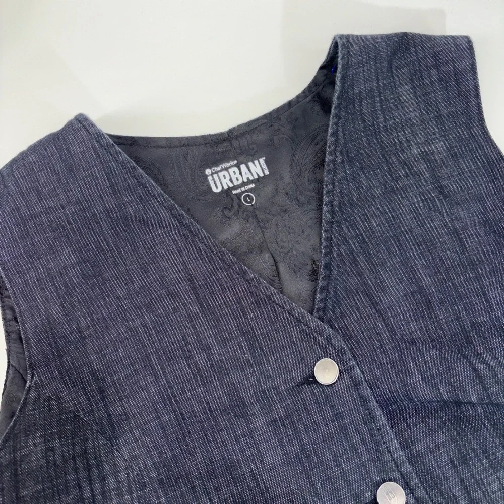 Chef Works Urban Collection Mens Large Black Denim Vest Paisley Lining Cinch Bk
